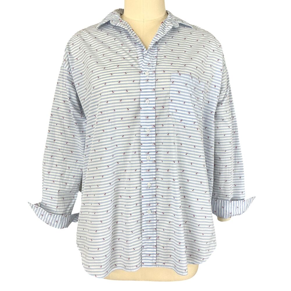 Frank & Eileen Shirley Oversized Shirt sz M Stripe Embroidered Anchors Nautical